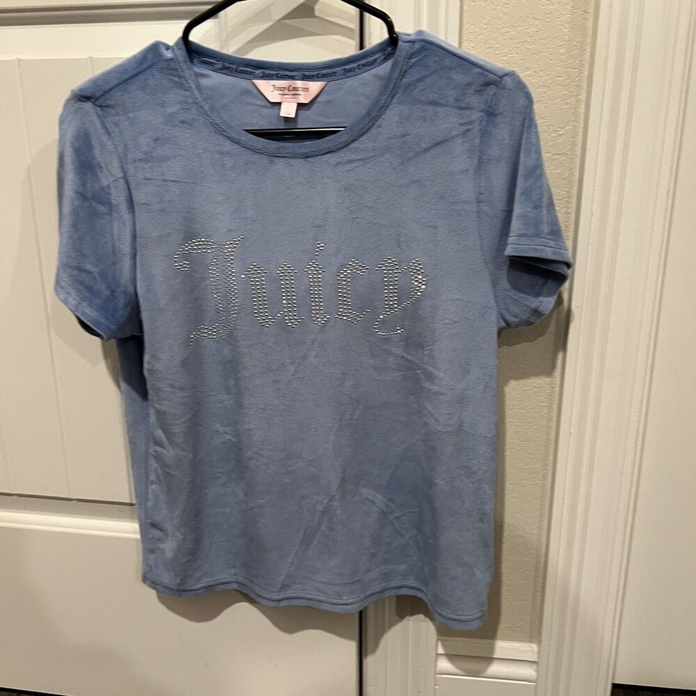 JUICY COUTURE L Light Blue Pajama Short Sleeve Top Rhinestone Y2K